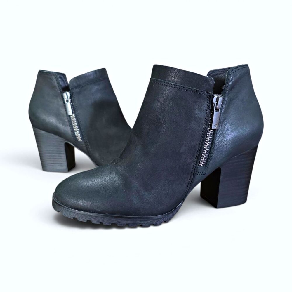 Lucky Brand Noryn Black Vintage Leather Ankle Boots Size 8.5 Dual Zip Block Heel